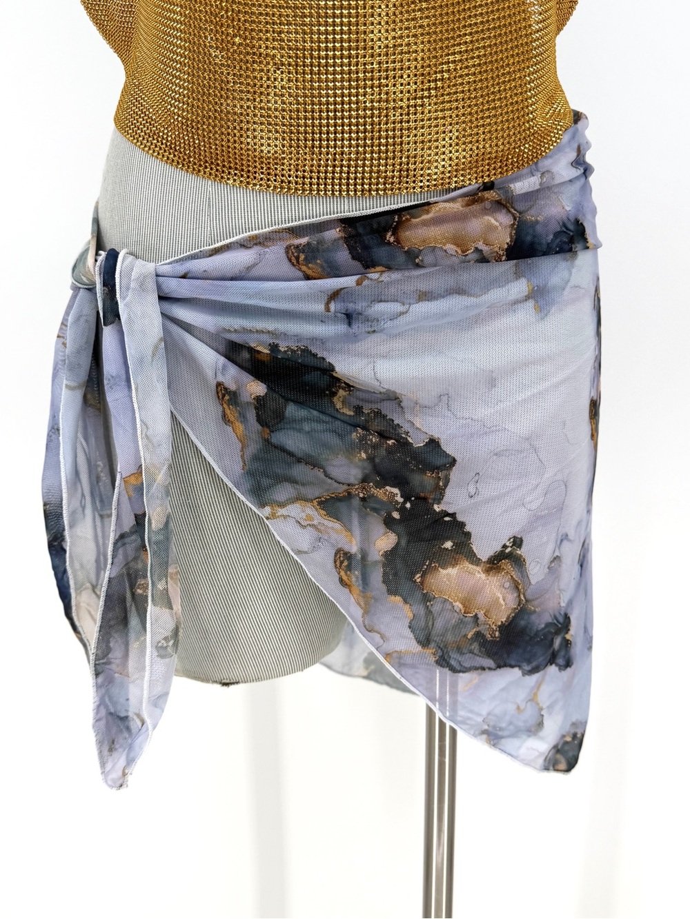 Marble Print Sheer Mesh Sarong Y2K Whimsy Fairy Swim Wrap Tie Skirt Festival OS